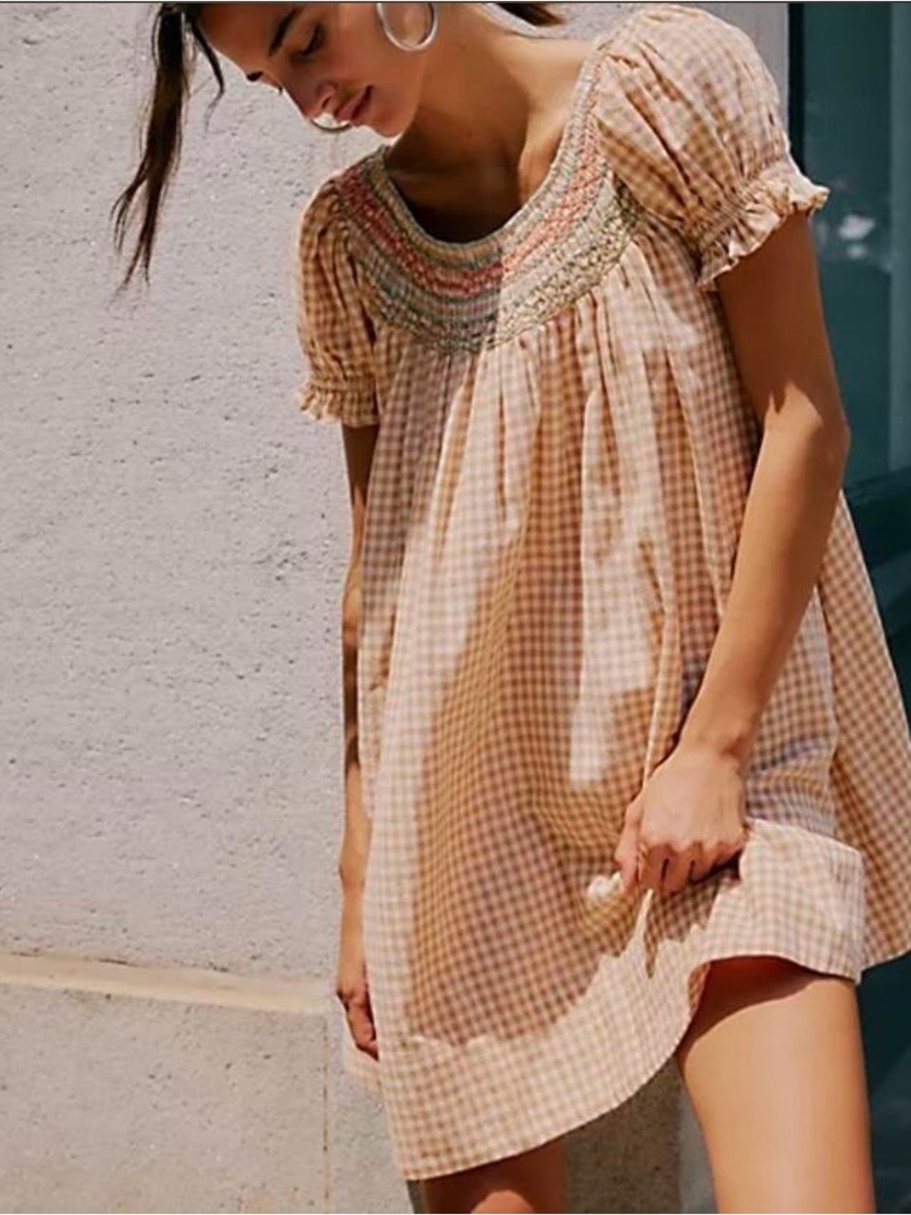 Free People Poet Mini Dress Pink Smocked Gingham Size Small